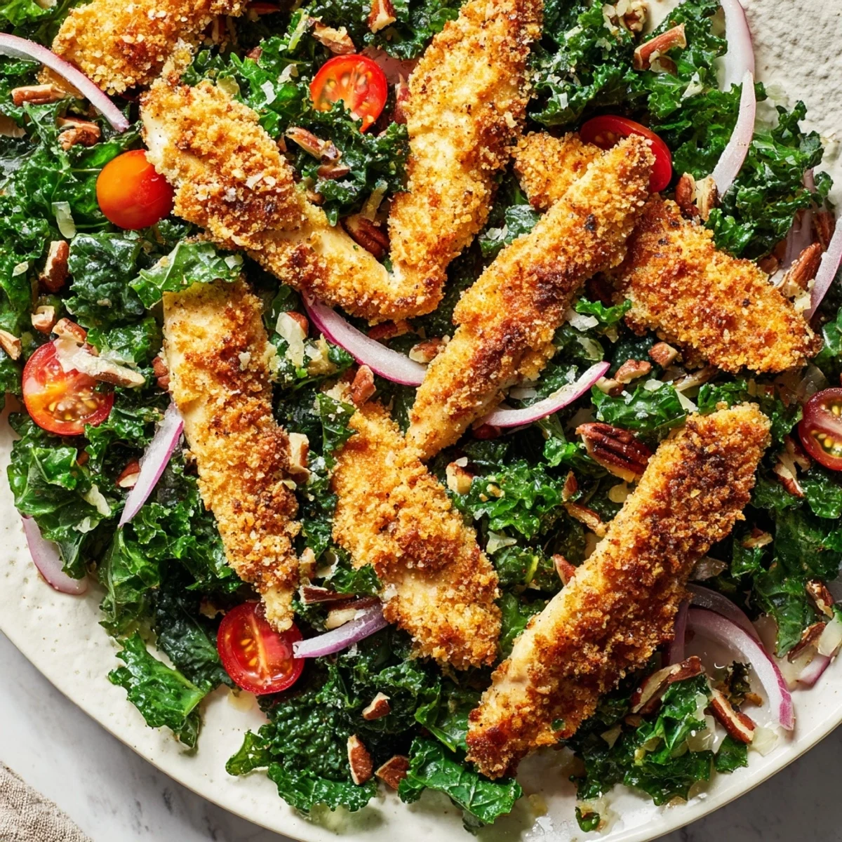 Plated for a light dinner, the Crispy Chicken Kale Salad combines crunchy chicken, toasted pecans, and shaved Parmesan over massaged kale.