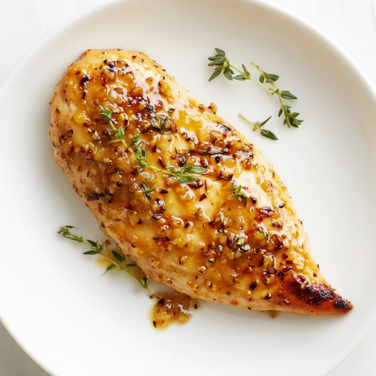 Plated Honey Dijon Chicken Skillet served over fluffy rice with steamed broccoli and a lemon wedge.