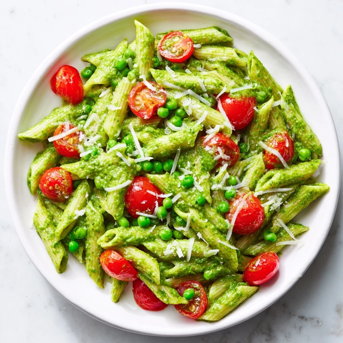 Bright green pesto pasta salad with halved cherry tomatoes and sweet peas in a white bowl, garnished with fresh basil leaves.