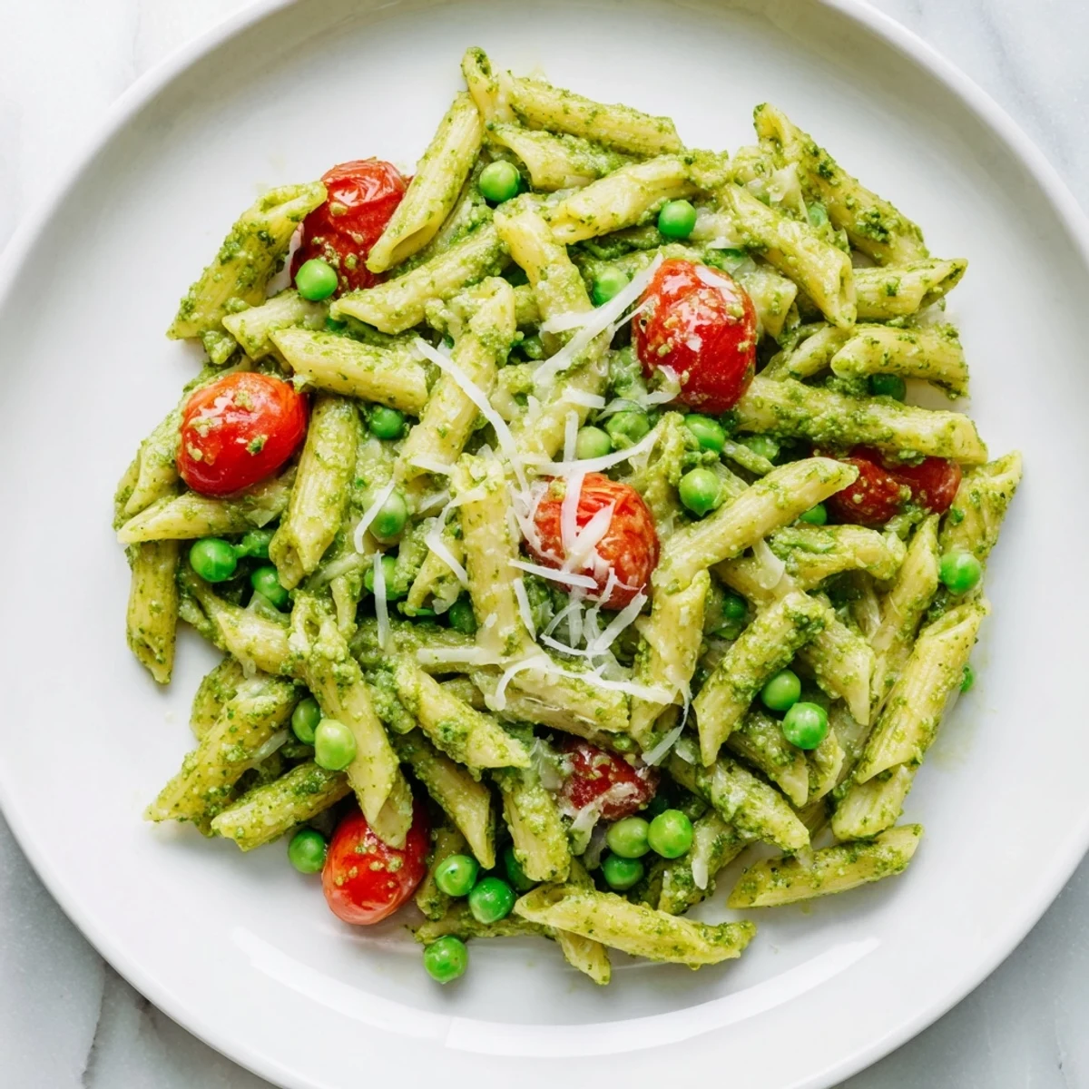 Green pesto pasta salad with Parmesan shavings and olive oil, ready to serve at a sunny backyard potluck.