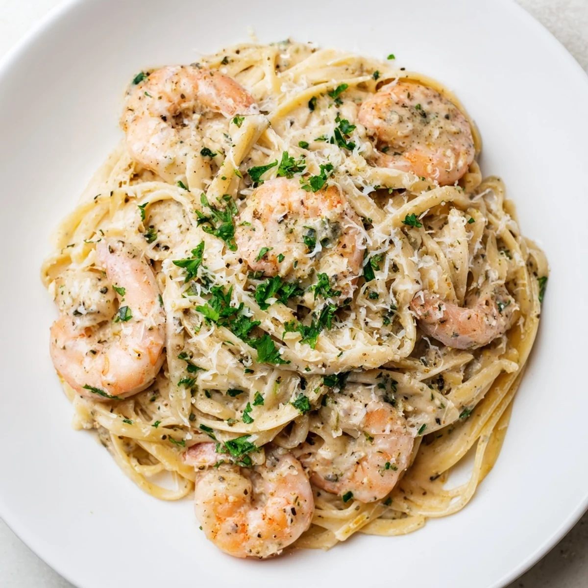Serve Creamy Garlic Shrimp Pasta steaming from the pan, with a sprinkle of red pepper flakes and a glass of crisp white wine.