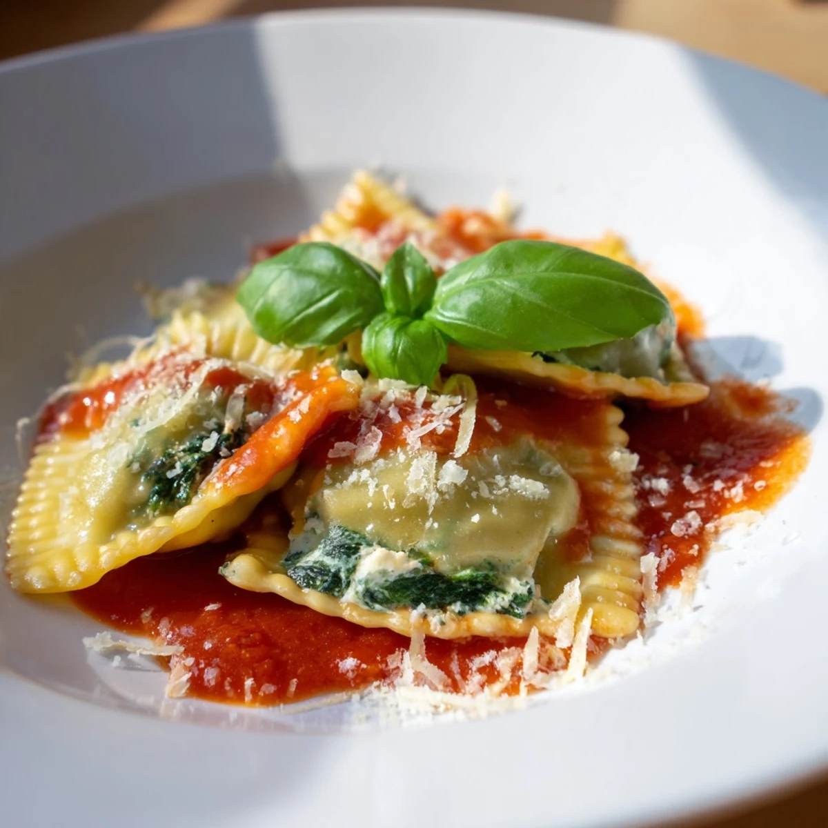 Plate of homemade Spinach Ricotta Ravioli bathed in vibrant marinara sauce, garnished with fresh basil and grated Parmesan cheese.  