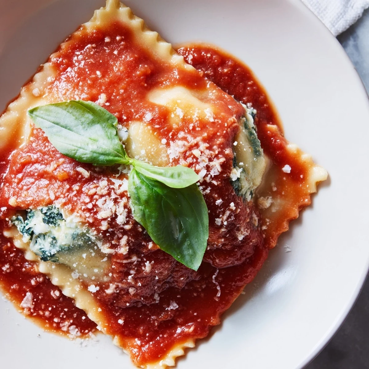 Italian-inspired Spinach Ricotta Ravioli served on a white plate, drizzled with olive oil and fresh herbs.