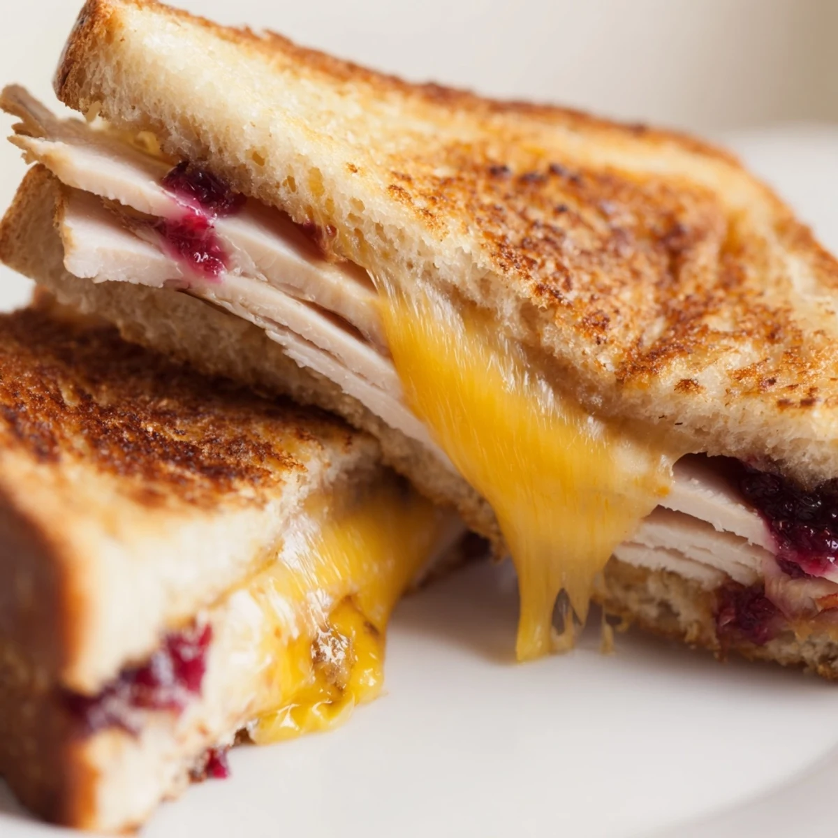 Golden toasted sourdough sandwich layered with smoked turkey, sharp cheddar, and tangy cranberry spread, sliced to show melted cheese.