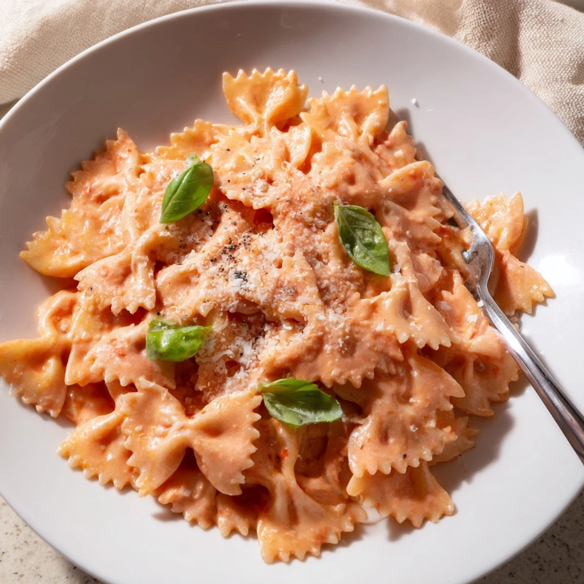 A close-up of creamy Tomato Basil Bowtie Pasta served in a white bowl, garnished with fresh basil leaves and grated Parmesan. 