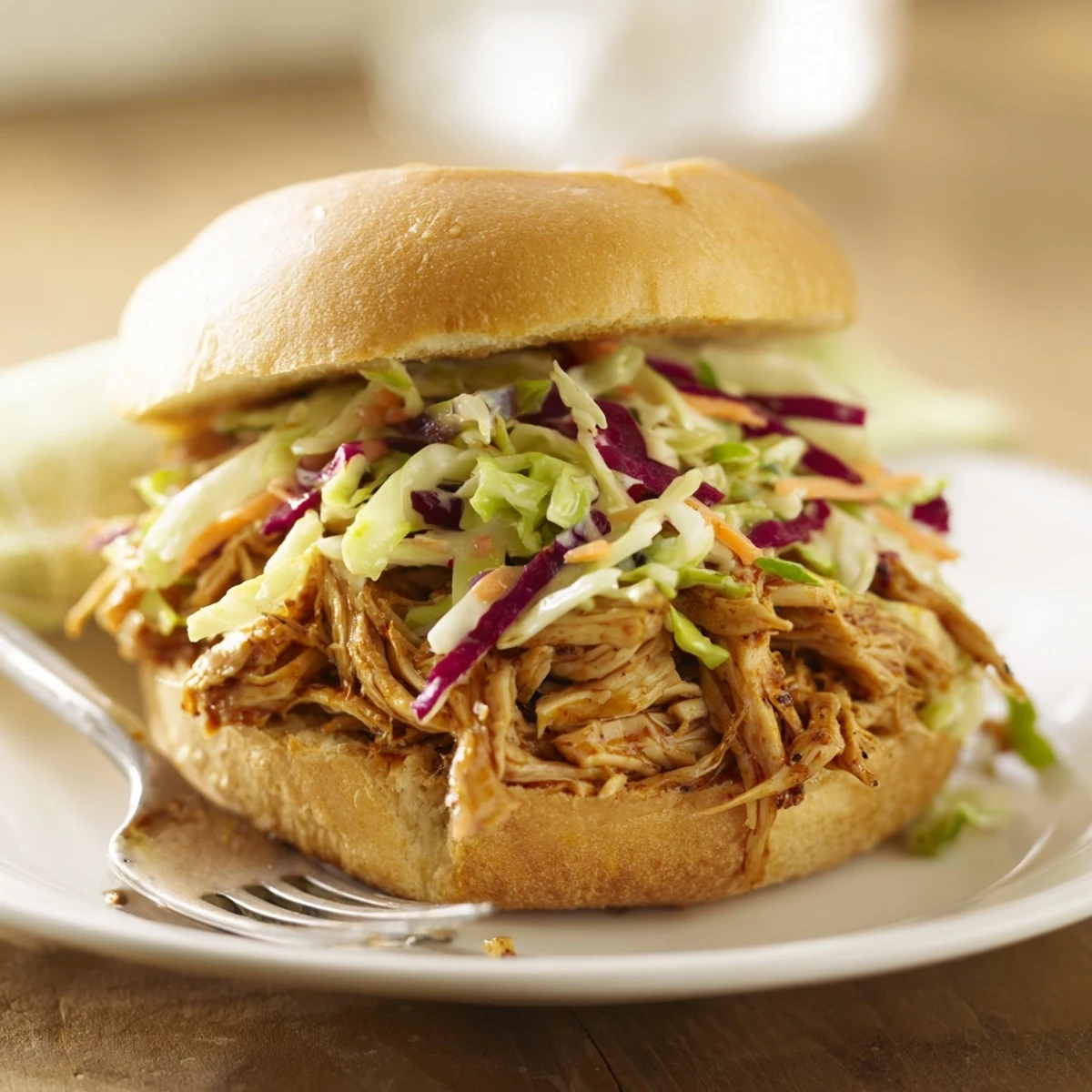 A close-up of a juicy pulled chicken sandwich, where the smoky barbecue sauce glistens on shredded meat beneath a fresh, crunchy slaw topping.
