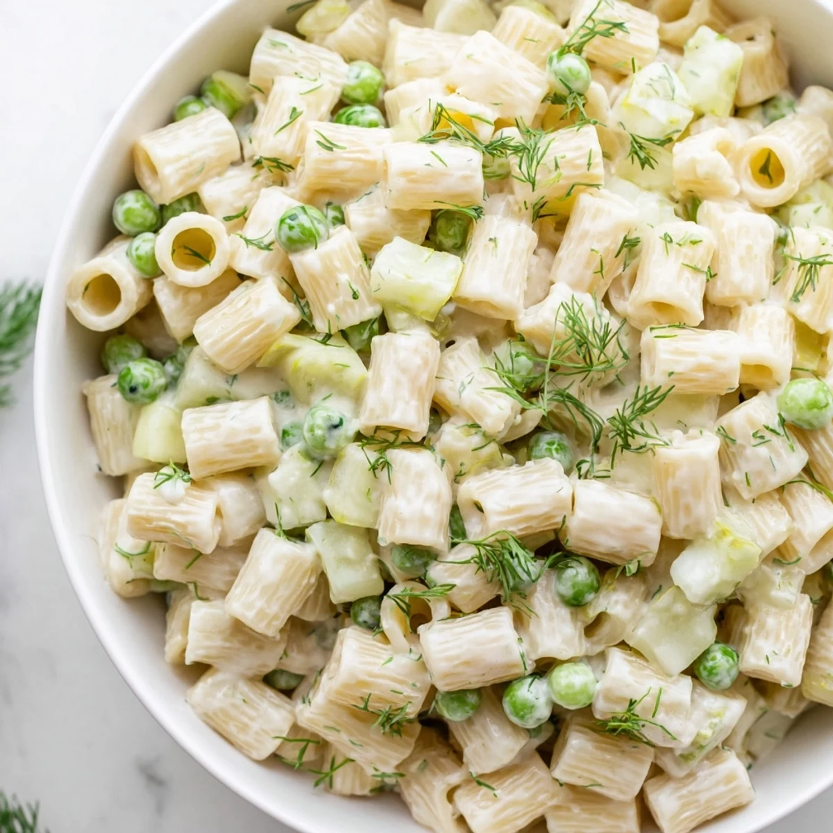 A chilled bowl of Creamy Dill Pickle Pasta Salad garnished with fresh dill, ready for a summer picnic or backyard barbecue.  