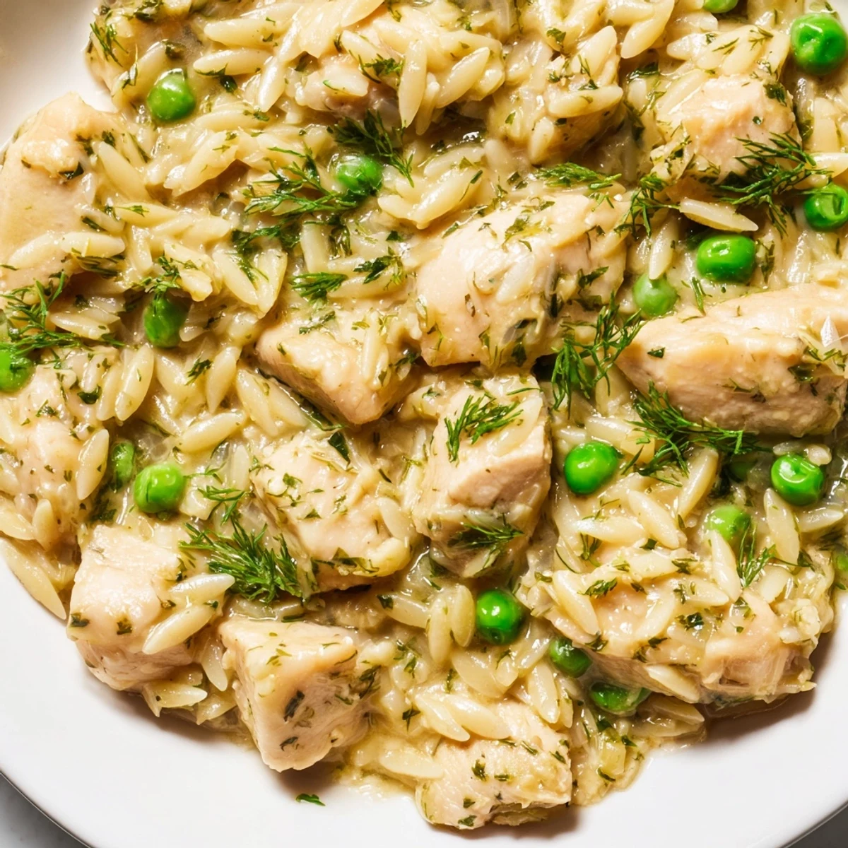 Lemon Herb Chicken Orzo Skillet garnished with fresh parsley and dill, steaming beside a crisp white wine on a rustic wooden table.