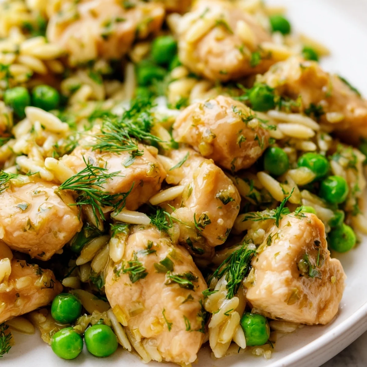 A close-up of tender chicken and al dente orzo coated in a bright lemon sauce, featuring fresh herbs and bright green peas in the pan.