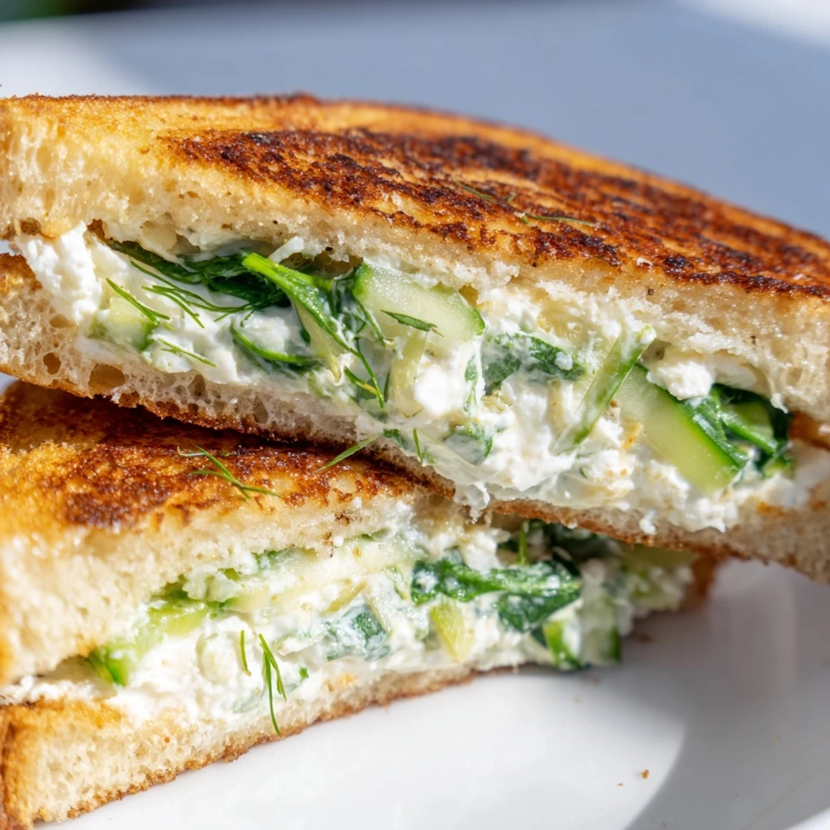 Golden-toasted sourdough slices are generously filled with creamy whipped feta and fresh dill for a tangy spring lunch.