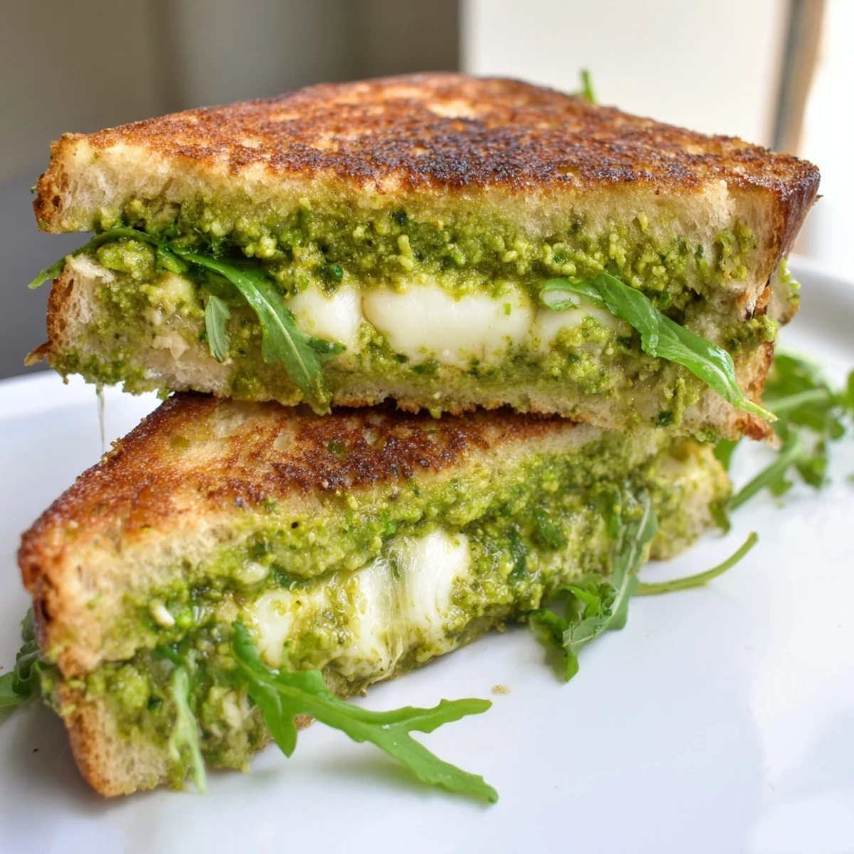 A toasted Spring Pea Pesto Grilled Cheese oozing melty cheese, showcasing crispy sourdough and a vibrant spring green filling.