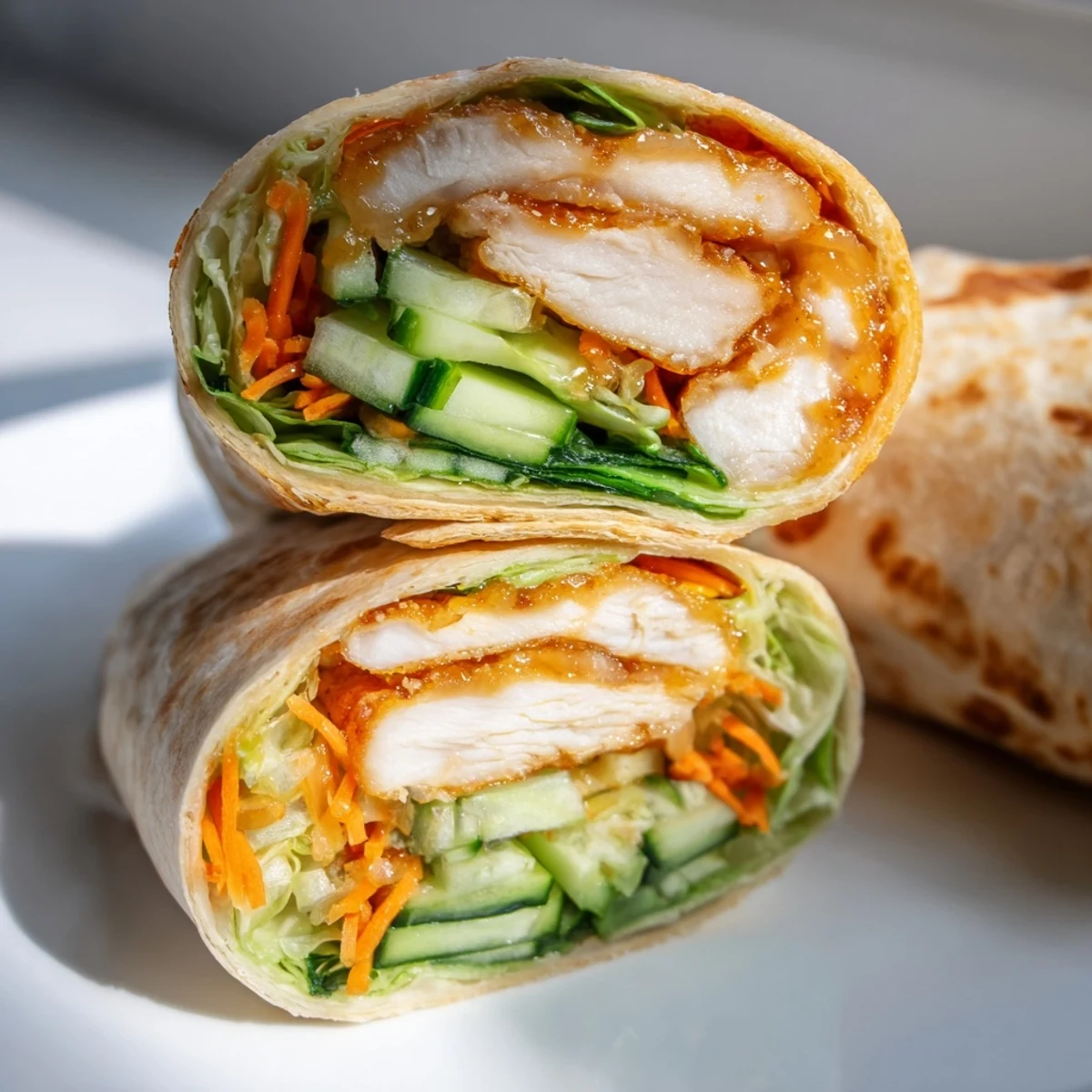 Freshly wrapped Honey Chili Crunch Chicken Wraps rest beside a small bowl of extra sauce, perfect for a quick, flavorful lunch.