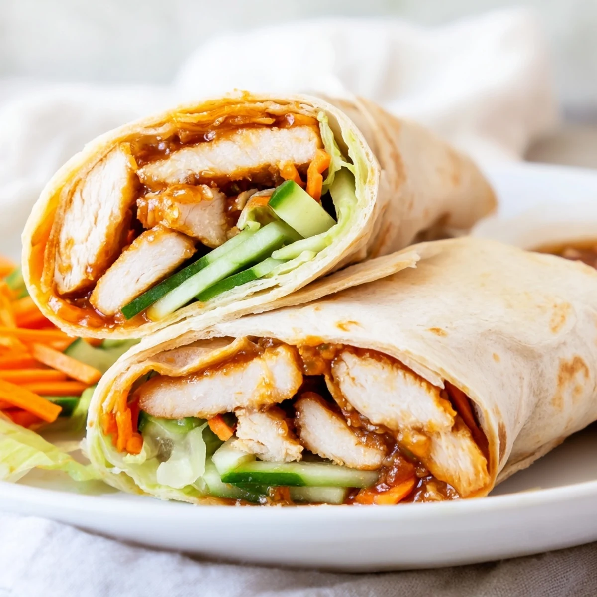 Golden pan-seared chicken pieces glisten with honey chili crisp sauce, layered with crunchy lettuce and cucumber in a soft tortilla.