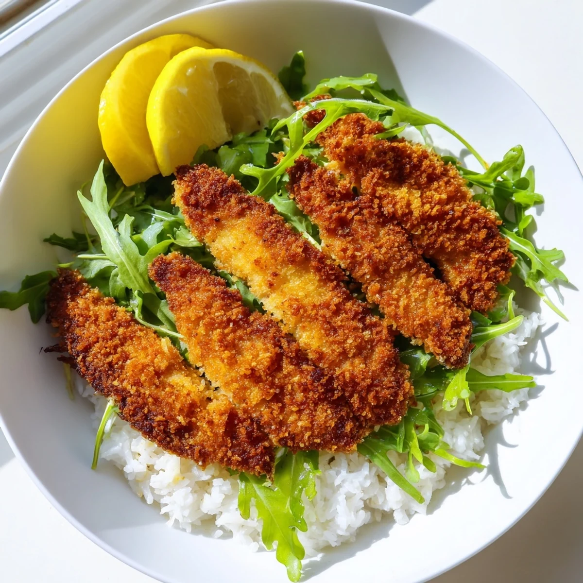 Crispy Parmesan chicken cutlet bowl with golden breaded slices over fluffy rice, fresh arugula, and bright lemon wedge garnish.