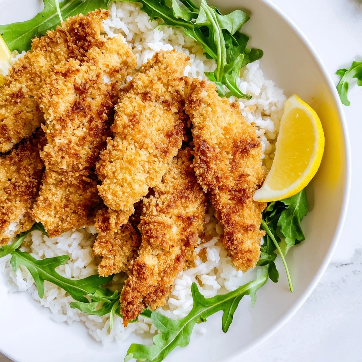 Golden, crispy Parmesan-coated chicken cutlets served warm over a bed of white rice with peppery arugula and lemon.