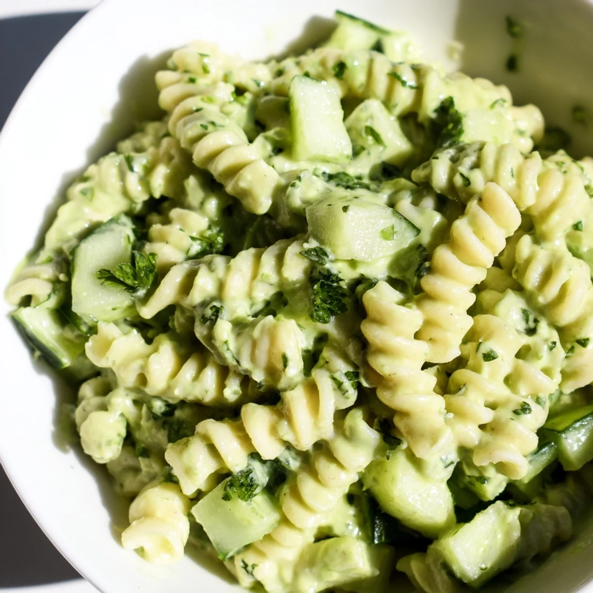 A close-up view of Green Goddess Pasta Salad tossed in creamy avocado-yogurt dressing, garnished with basil and parsley for a fresh lunch.