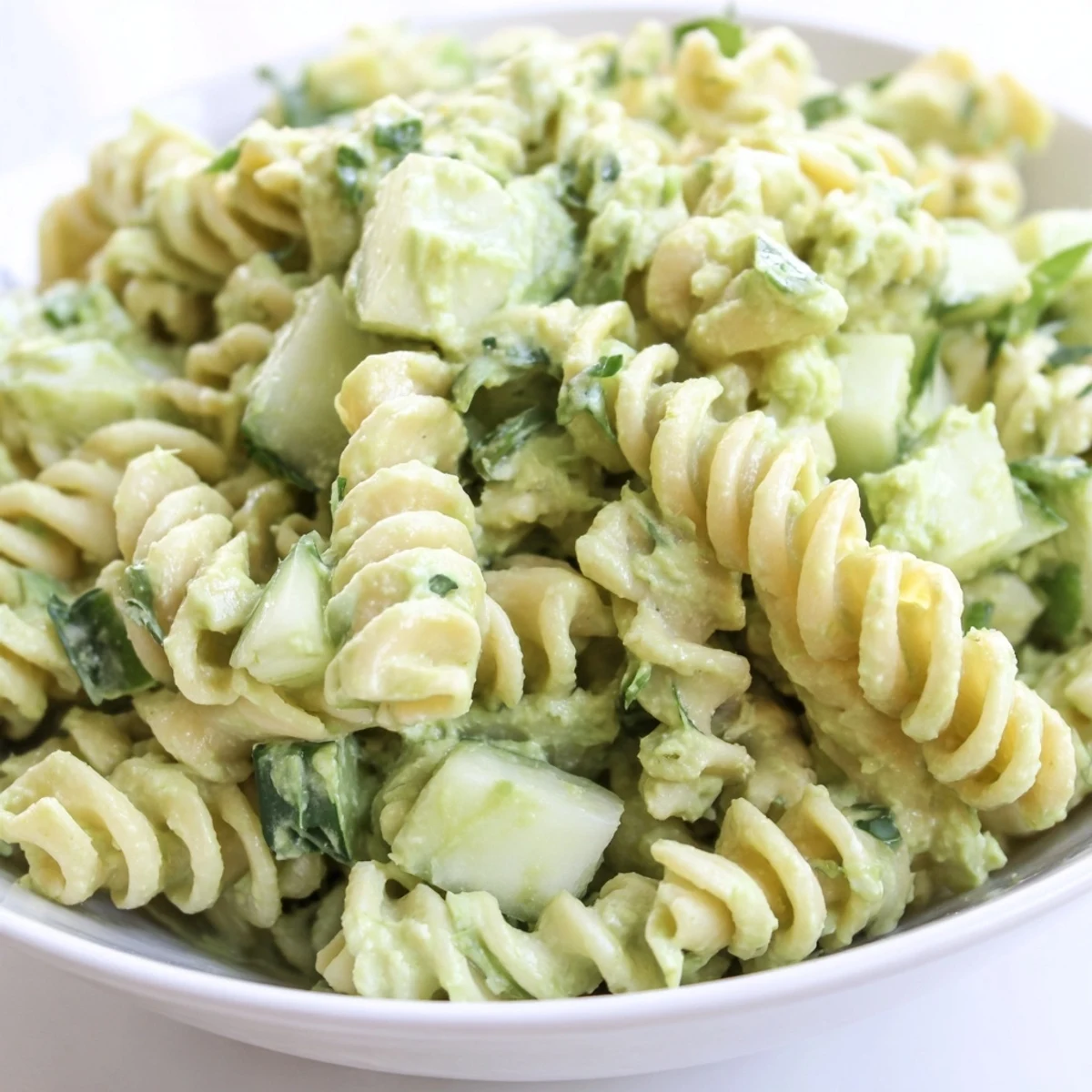 Ready-to-eat Green Goddess Pasta Salad served in a glass bowl, featuring vibrant cucumbers and herbs, perfect for a summer potluck or picnic.