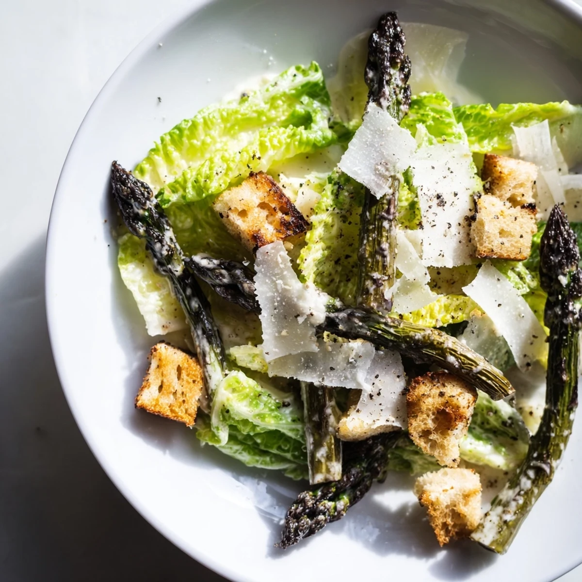 Roasted Asparagus Caesar Salad with charred spears, crisp romaine, and crunchy homemade croutons.