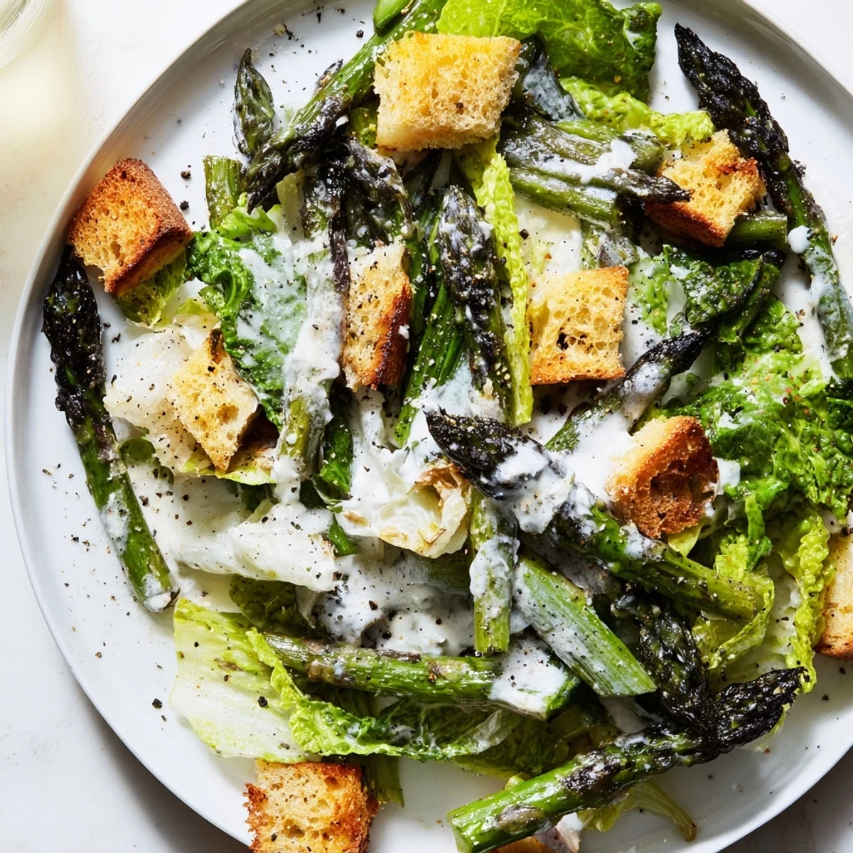 Golden roasted asparagus and crunchy croutons top this vibrant Roasted Asparagus Caesar Salad.