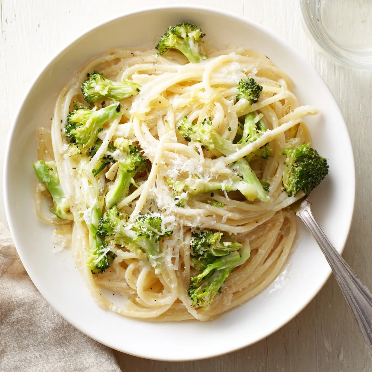Savory One-Pot Lemon Broccoli Pasta twirled on a fork, garnished with basil and a sprinkle of red pepper flakes.