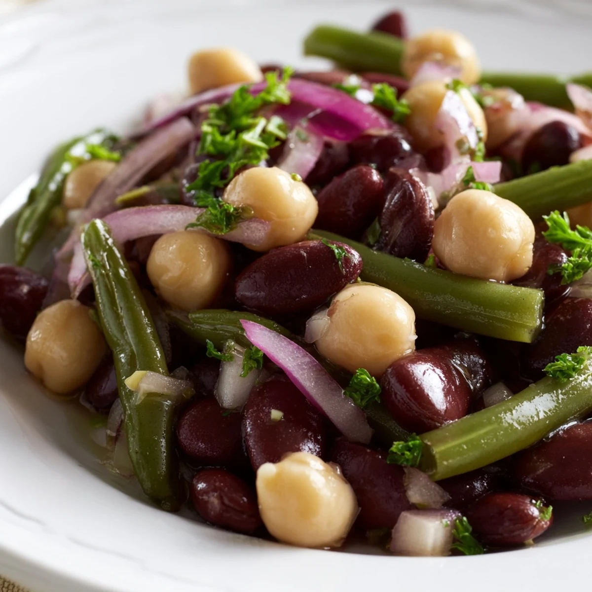 A colorful bowl of Three-Bean Salad with green beans, kidney beans, and chickpeas in a tangy vinaigrette, garnished with fresh parsley and red onion.  