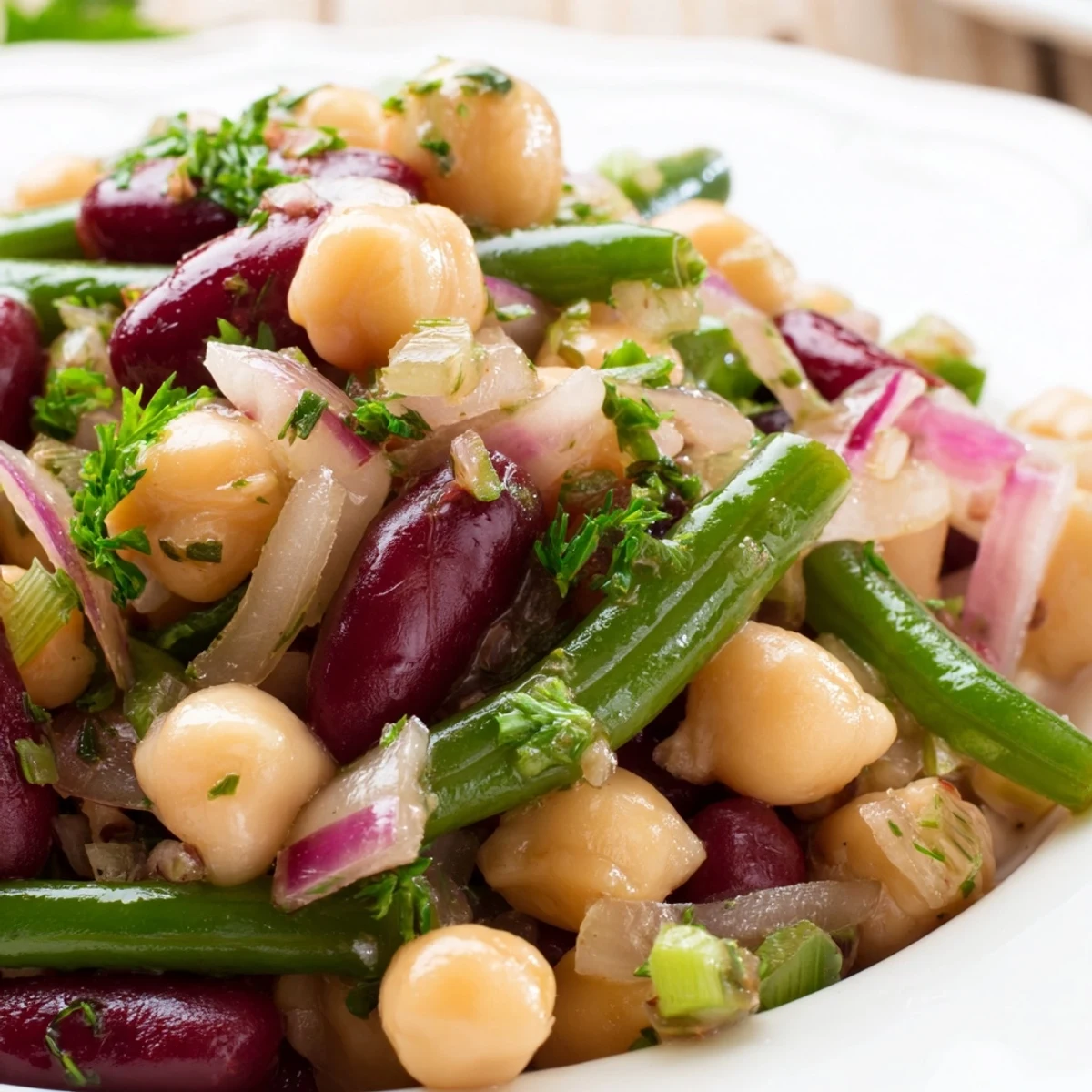 Serving suggestion for Three-Bean Salad: a fresh, gluten-free side dish in a glass bowl, perfect for potlucks and healthy weeknight dinners.