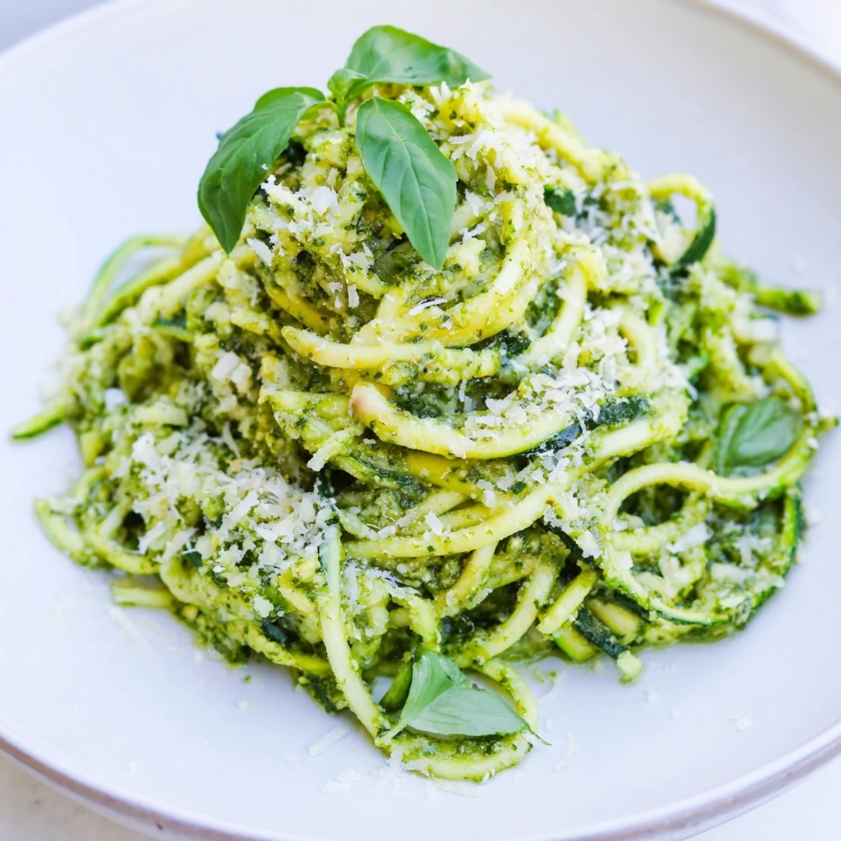 Healthy zucchini noodles tossed in homemade basil pesto, topped with pine nuts.