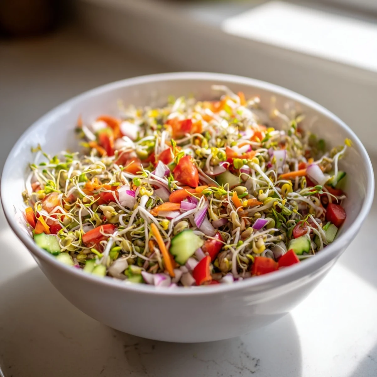 Healthy vegan Sprouted Seed Salad served as a light side dish, garnished with fresh cilantro and a sprinkle of black pepper.