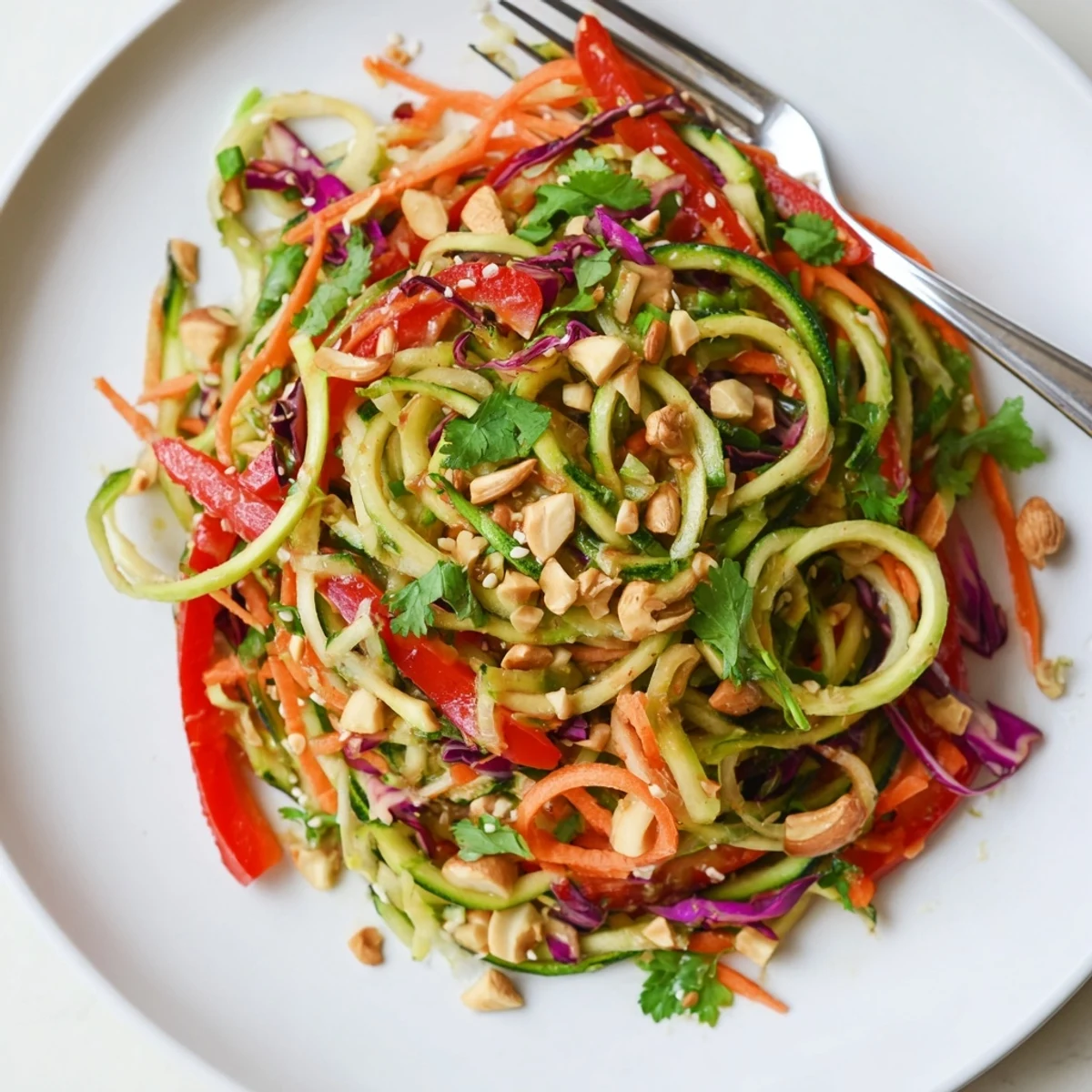 Fresh spiralized zucchini and carrot noodles in a zesty sesame-ginger dressing, topped with toasted sesame seeds.