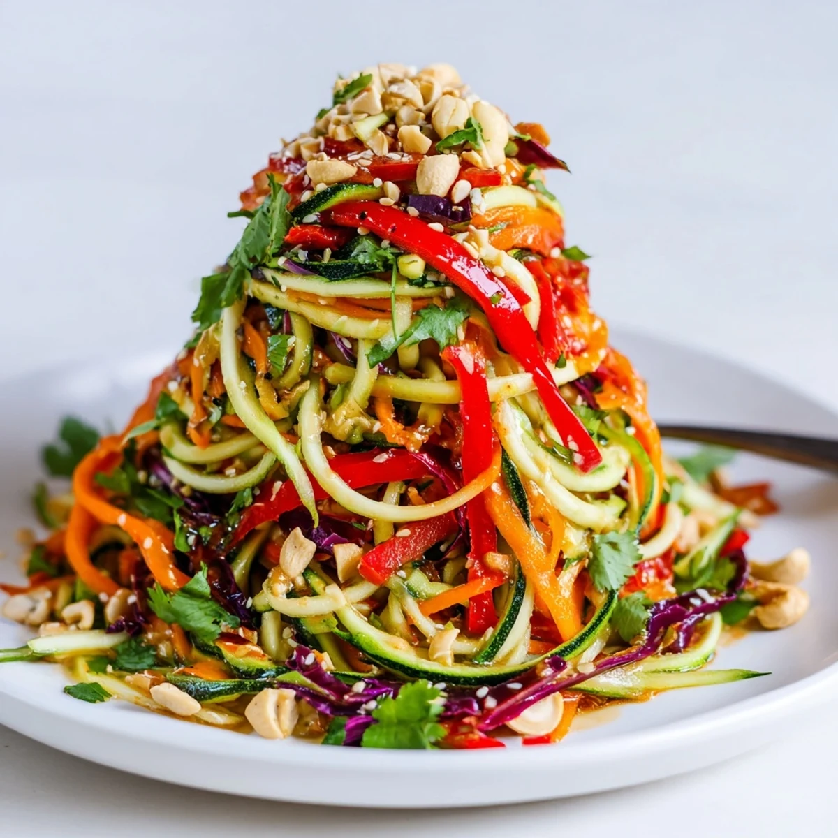 Crisp Raw Vegetable Noodle Salad with red cabbage and bell peppers, tossed in a tangy Asian-inspired vinaigrette.