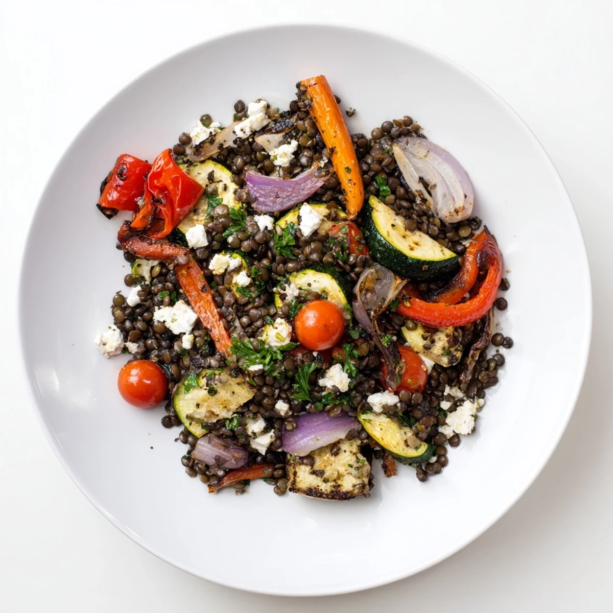 A close-up view of a Black Lentil Salad with Roasted Vegetables, featuring glistening beluga lentils mixed with caramelized red bell peppers and zucchini. Fresh parsley and crumbled feta add color, with a light lemon dressing drizzled over the top.