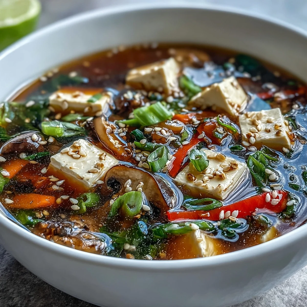 Steaming bowl of Tofu and Vegetable Soup with vibrant veggies and silken tofu.