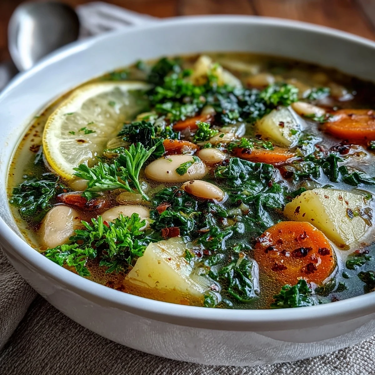Healthy vegetarian Kale Soup with kale, potatoes, and cannellini beans in a lemon-scented, herb-filled broth.