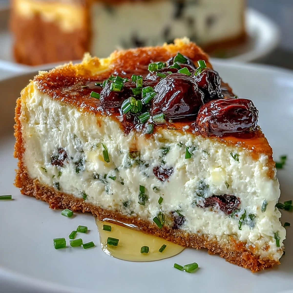 A slice of savory Kalamata Cheesecake Appetizer topped with parsley, served on a white plate.