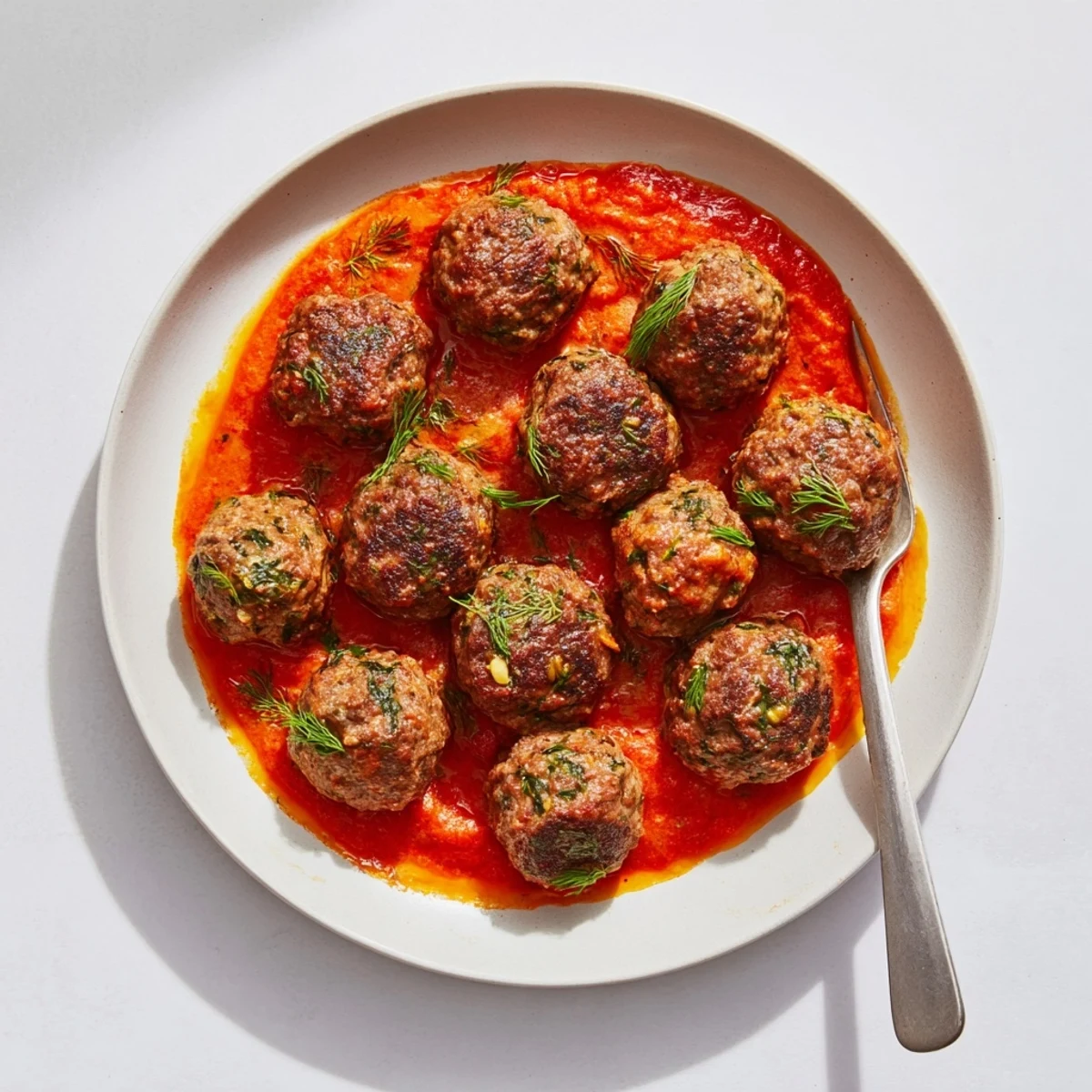 Top view of glistening Instant Pot Greek-Style Meatballs, plated and drizzled with a tangy feta sauce.