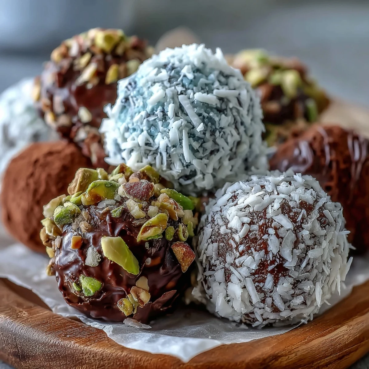 Chilled chocolate truffles rolled in finely chopped toasted nuts and shredded coconut.