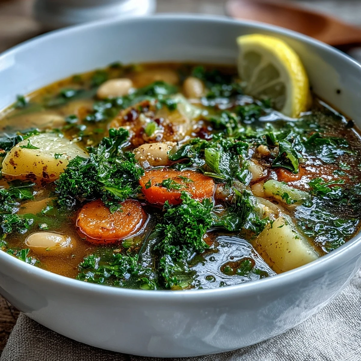 Steaming bowl of Kale Soup with tender kale, carrots, and creamy white beans in a savory broth.