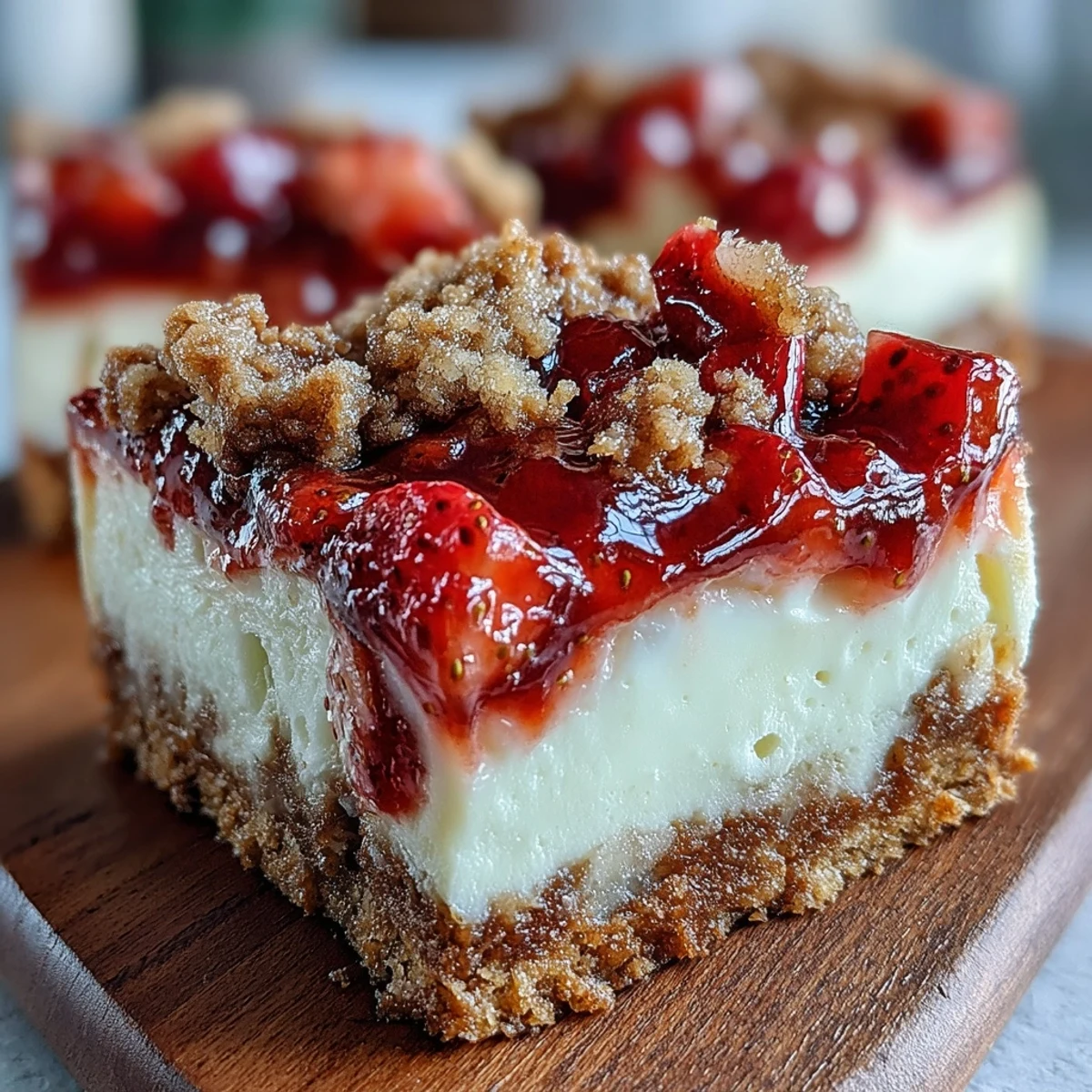 Freshly baked Strawberry Cheesecake Bars with a golden cinnamon streusel topping and a juicy strawberry layer on a marble slab.
