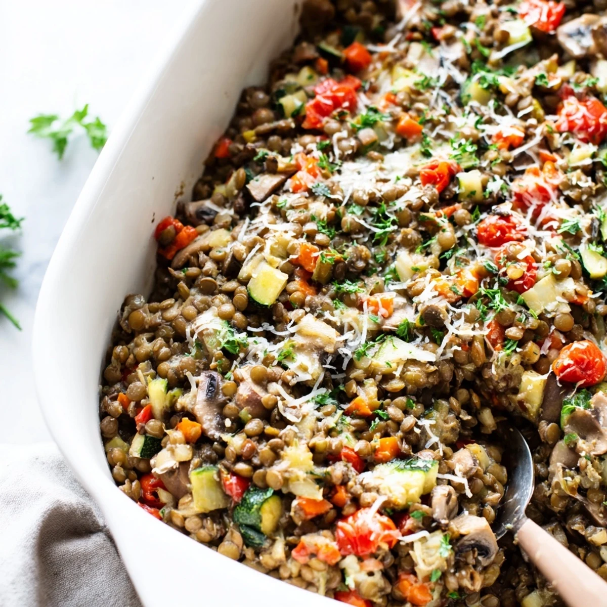Golden-brown Green Lentil and Vegetable Casserole bubbling from the oven, served in a rustic dish with fresh parsley garnish.