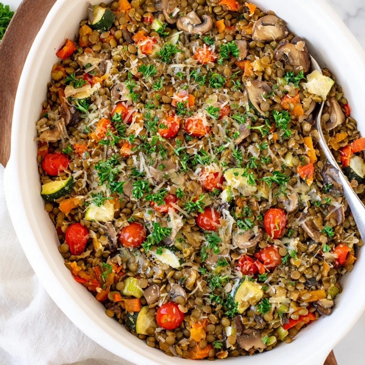 Freshly baked Green Lentil and Vegetable Casserole in a white dish, topped with melted Parmesan and herbs, ready to serve.