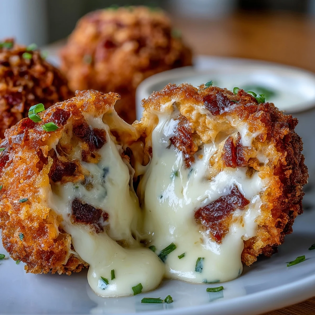 Freshly fried Buffalo Chicken Bacon Mozzarella Bombs reveal melted mozzarella and bacon filling on a rustic serving platter.