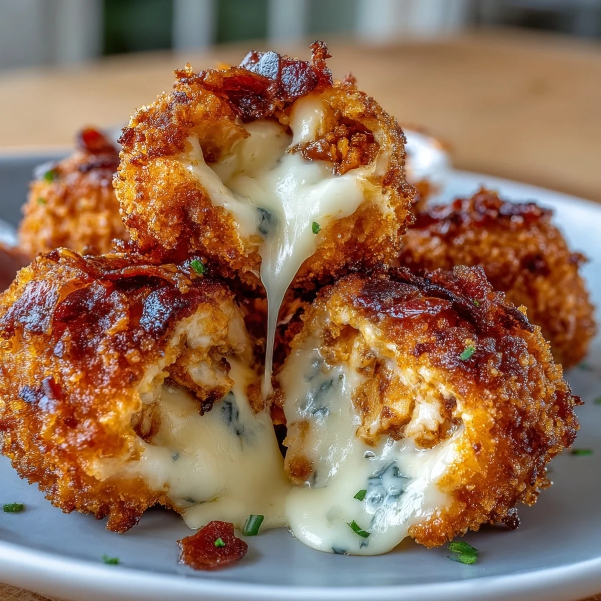 Sizzling Buffalo Chicken Bacon Mozzarella Bombs are stacked high on a plate with blue cheese dip and celery sticks.