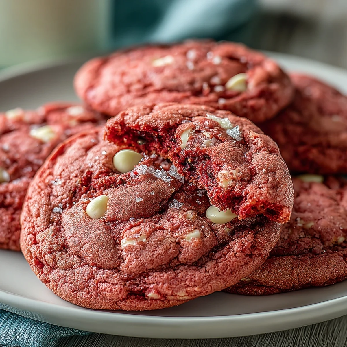 Freshly baked Pink Velvet Cookies on a cooling rack, featuring vibrant pink hues and creamy white chocolate chips, perfect for festive occasions.