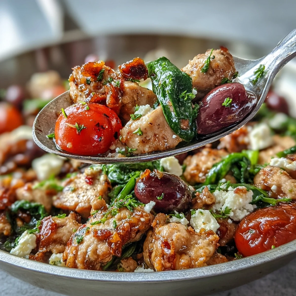Golden Mediterranean Keto Ground Chicken Skillet topped with crumbled feta, Kalamata olives, and wilted spinach in a cast-iron pan.