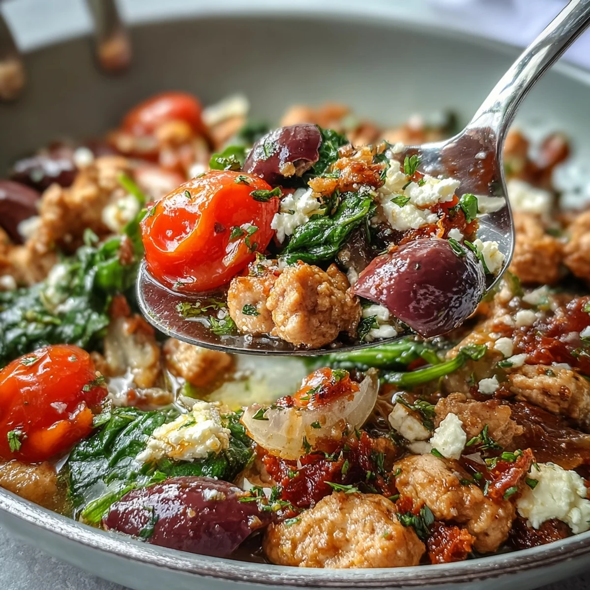 Savory Mediterranean Keto Ground Chicken Skillet served hot with a lemon wedge and fresh parsley, perfect for a low-carb dinner.