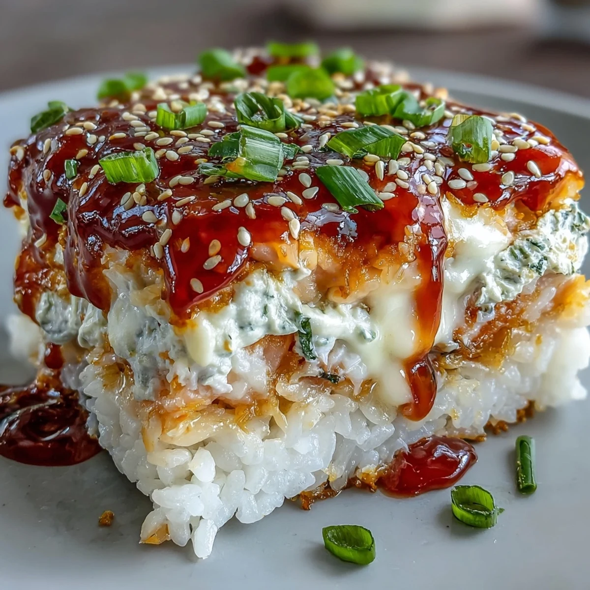 Vibrant layers of seasoned rice and spicy salmon mixture, ready to be scooped onto crispy roasted seaweed snacks for dinner.