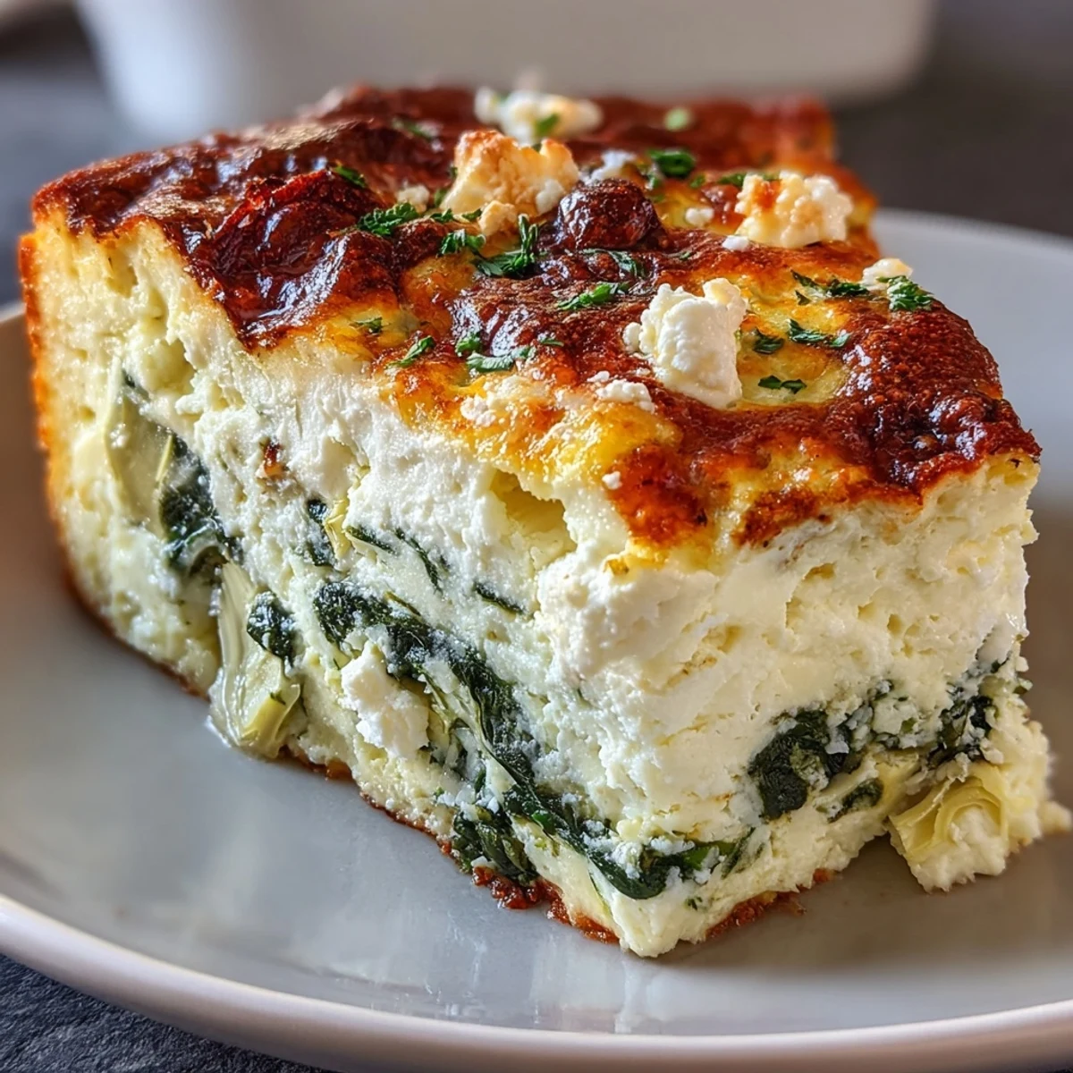 Golden-brown High Protein Spinach Artichoke Bake with bubbly feta, served warm in a rustic dish.