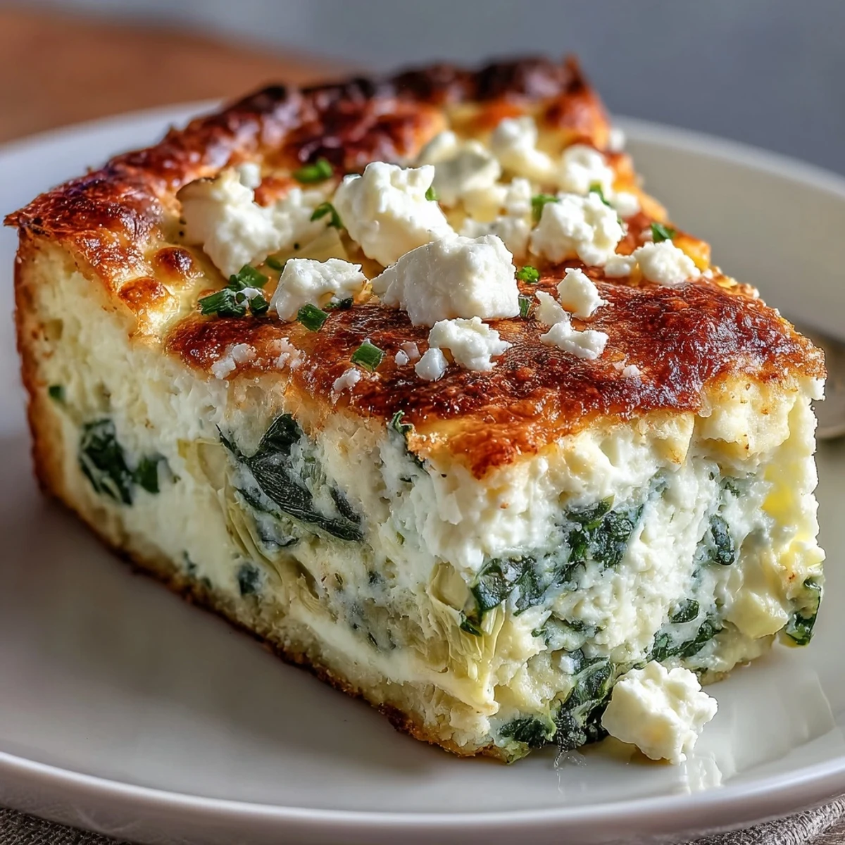 Creamy High Protein Spinach Artichoke Bake reveals green spinach and tender artichoke hearts in a slice.