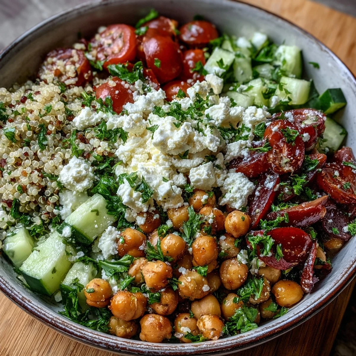 A vibrant High Protein Quinoa & Chickpea Salad with fresh tomatoes, cucumbers, and creamy feta cheese served in a white bowl.