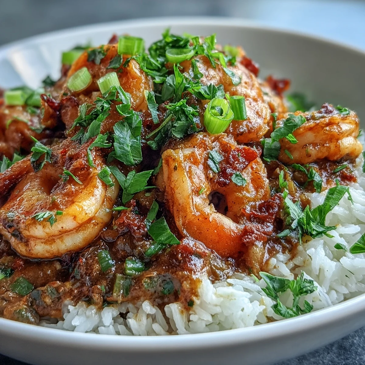 Close-up of succulent shrimp simmering in Classic New Orleans Étouffée, served with fluffy white rice on a rustic plate.